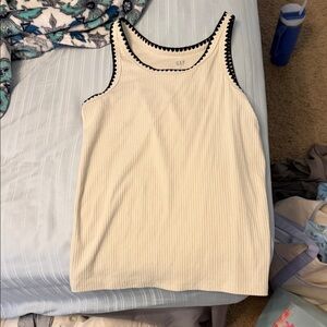 GAP Cream Ribbed Tank with Black Scallop Trim
